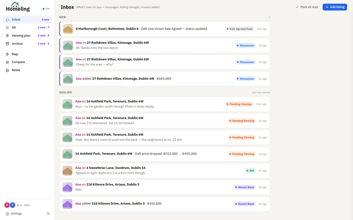 The Homeling inbox: messages, houses added and listing changes in one feed