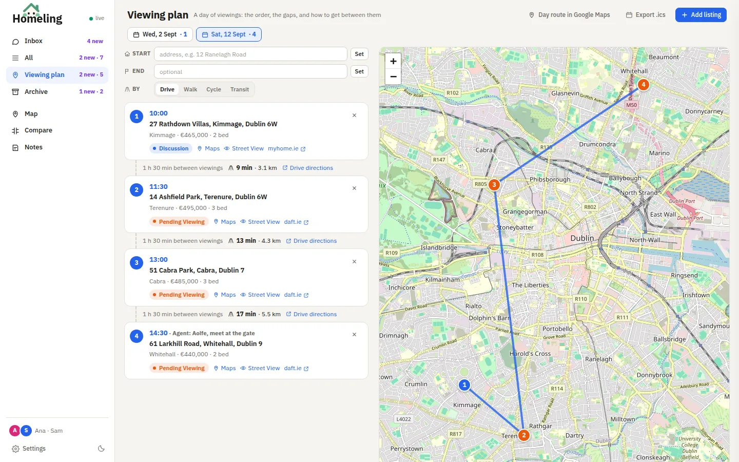 A day of four viewings listed in order with travel times, and the route drawn on a map of Dublin