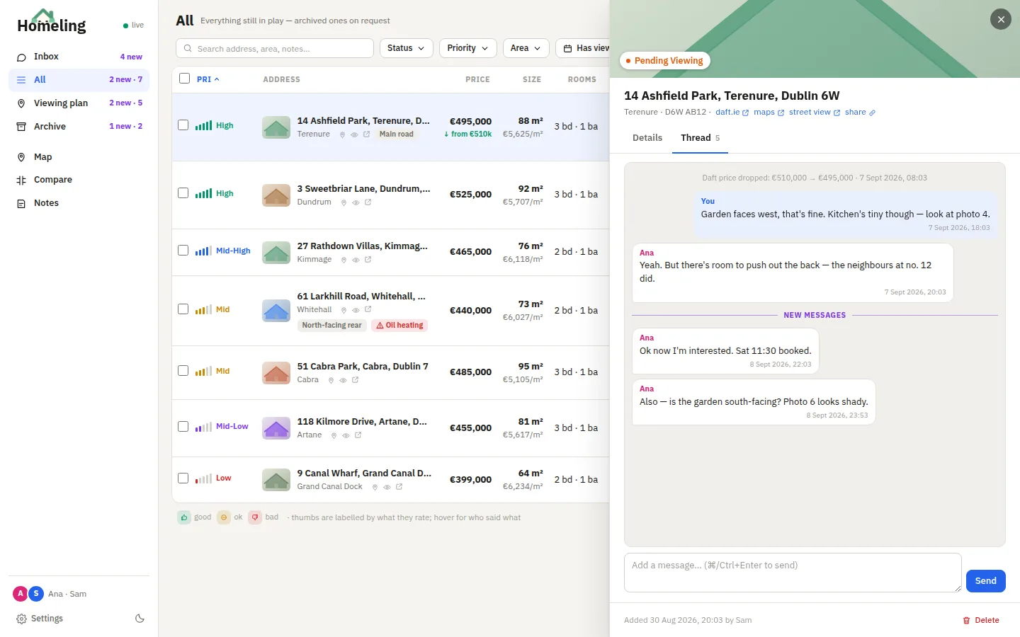The Homeling tracker: a table of houses with the drawer open on a conversation